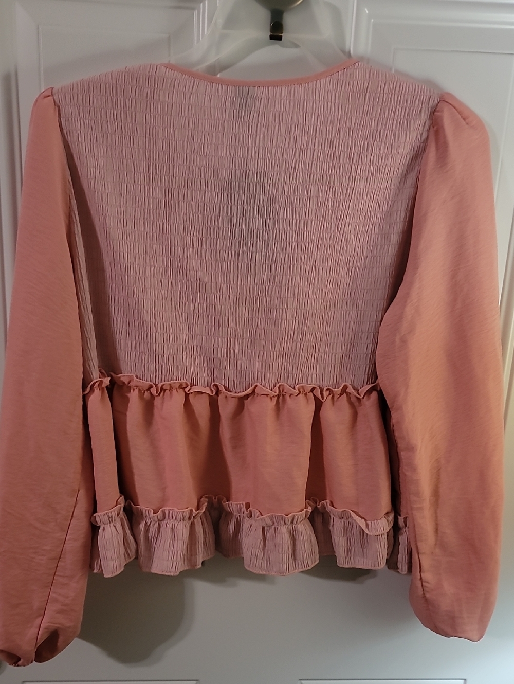 Women's Pink V-Neck Ruffle Blouse - Picture 8 of 10